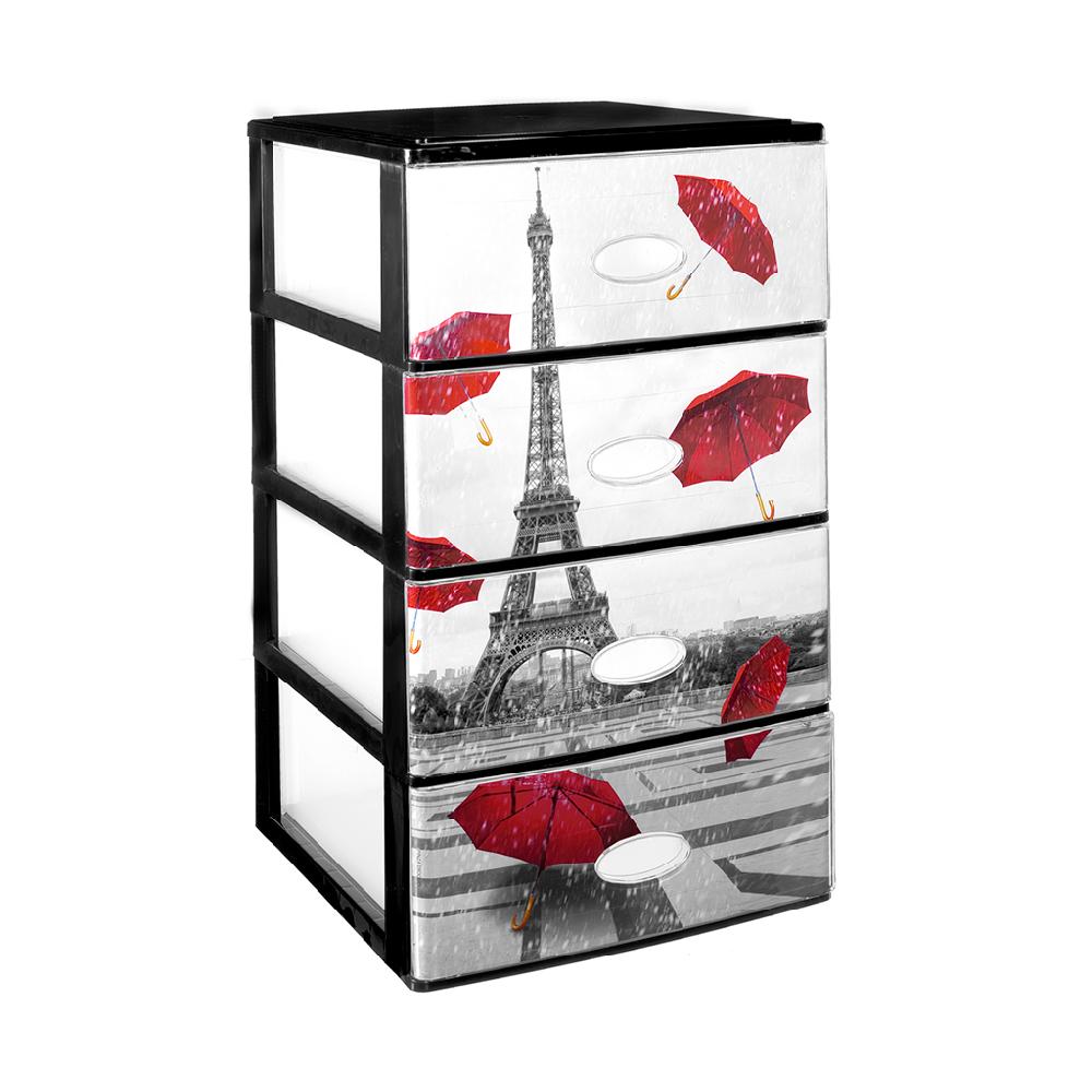 Great plastic L/4 Cajones Apilables Negro con Frontal Cristal Dec. Paris