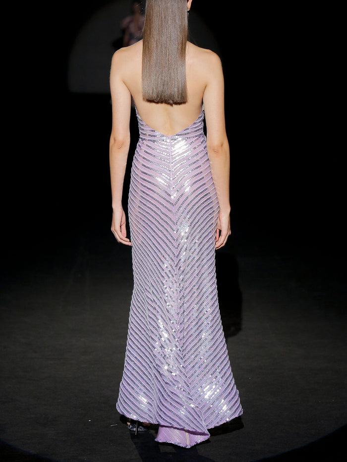 Hannibal Laguna ISADORE 29 ISADORE | Vestido Bordado Con Lentejuelas Color Plata Espejo Gasa Amatista