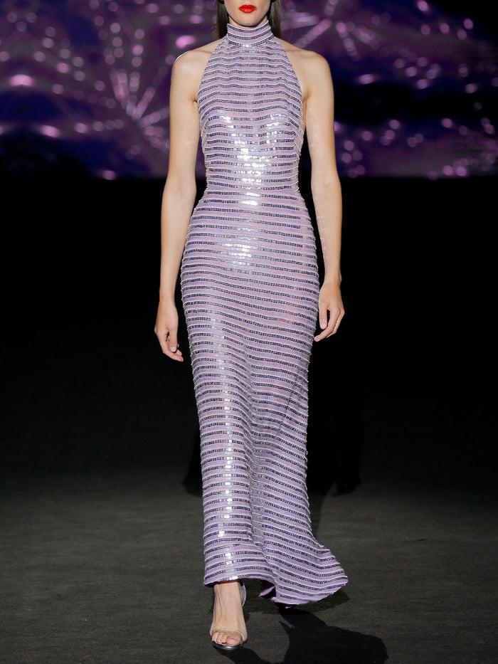 Hannibal laguna ISADORE 29 ISADORE | Vestido bordado con lentejuelas color plata espejo gasa amatista