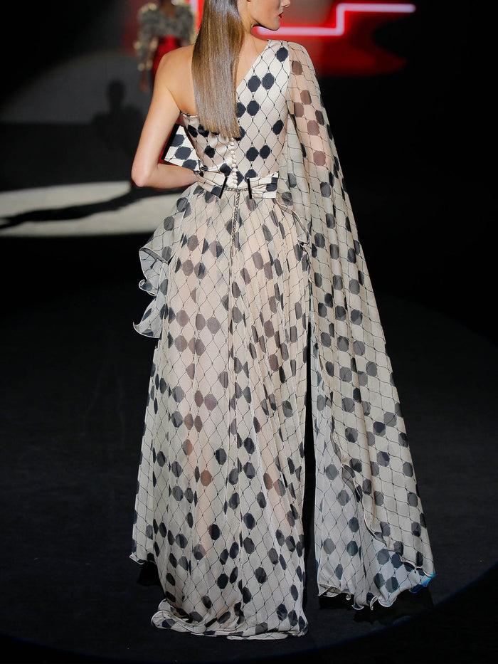 Hannibal Laguna LOOK 1 INFINITY | Vestido Largo En Gasa Estampado Con Escote Asimétrico