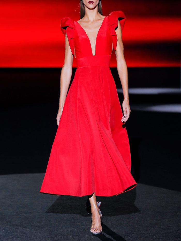 Hannibal laguna Look 1 XERATON | Vestido midi de fiesta en neopreno color rojo