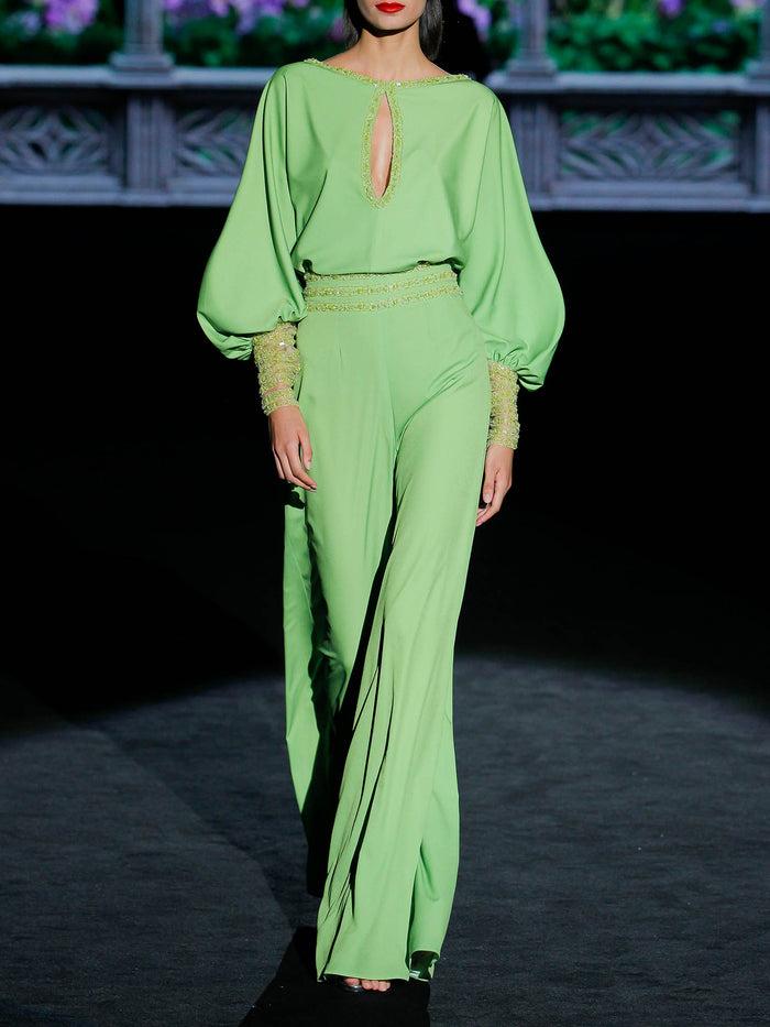 Hannibal laguna LOOK 10 GATSBY Y GEM | Blusa y Pantalon en satín color manzana