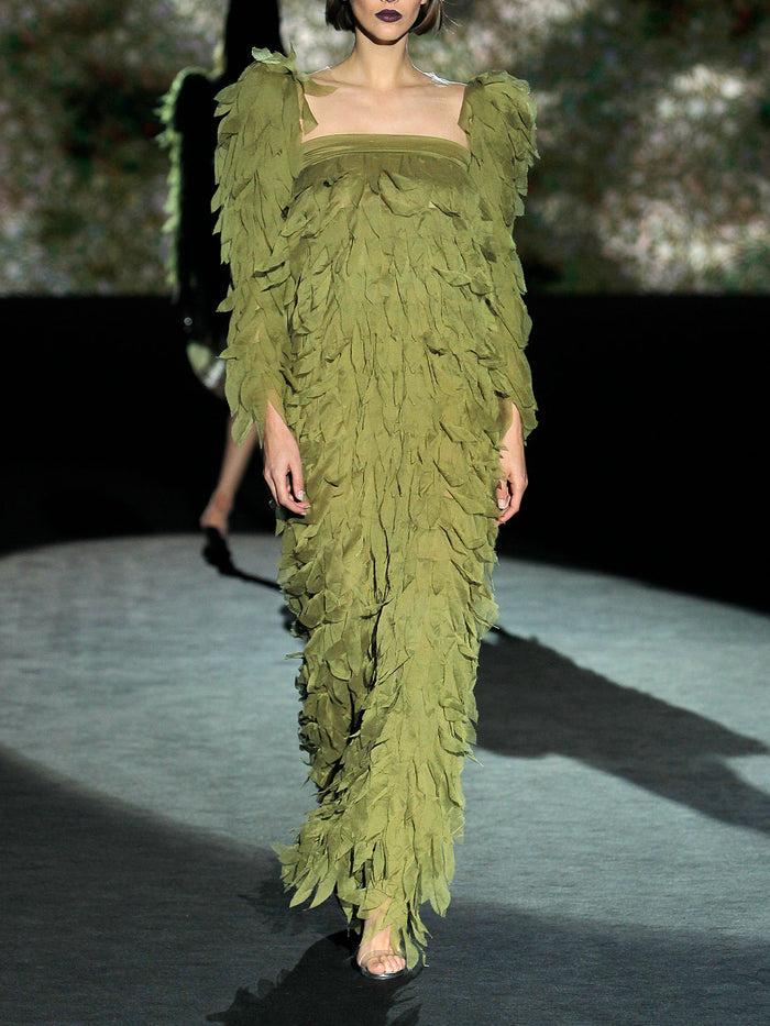 Hannibal laguna LOOK 11 HOLONY | Vestido en gasa recortada color verde olivo