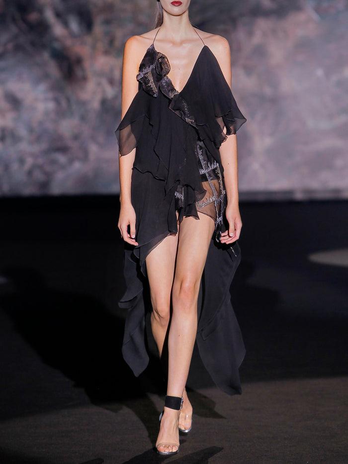 Hannibal laguna Look 11 XASMINA | Vestido asimétrico corto de fiesta en gasa color negro