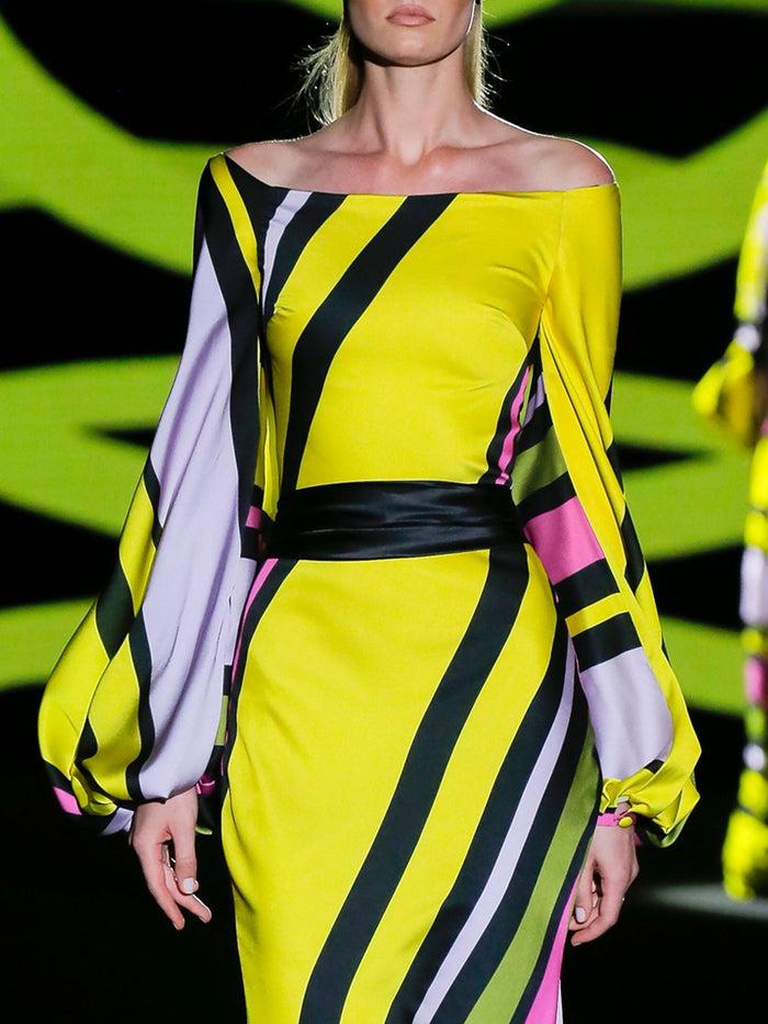 Hannibal Laguna LOOK 12 FLUORITA | Vestido De Fiesta En Satin Rayas Con Falda Sirena