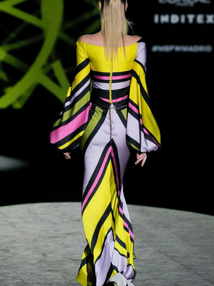 Hannibal Laguna LOOK 12 FLUORITA | Vestido De Fiesta En Satin Rayas Con Falda Sirena