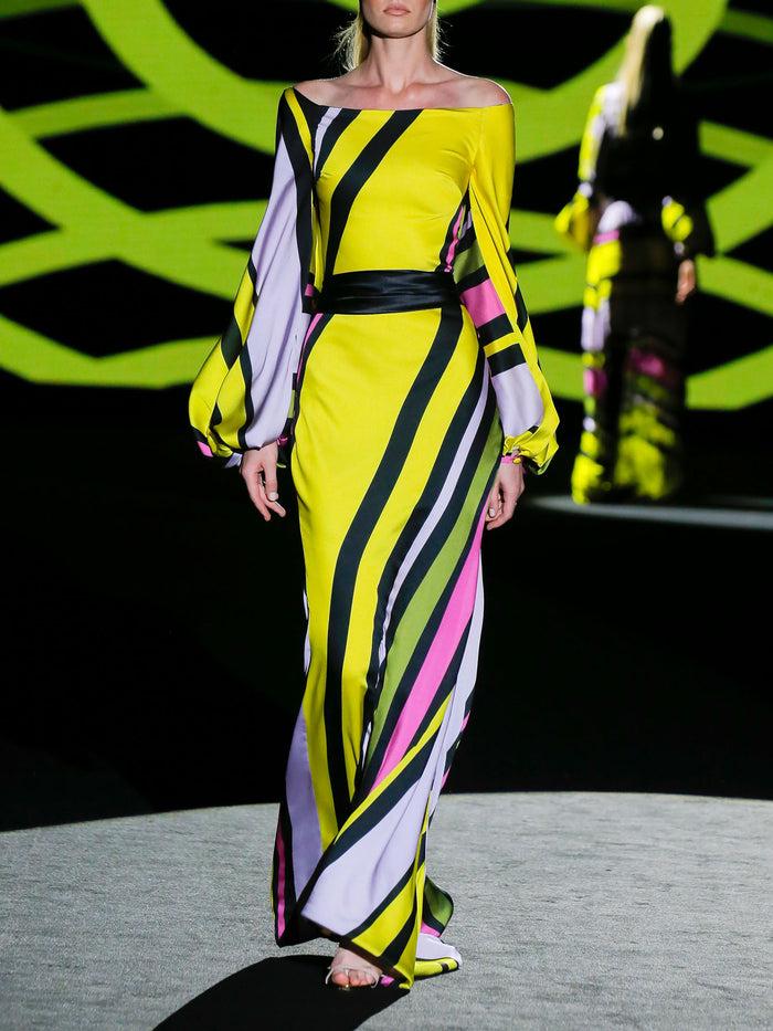 Hannibal laguna LOOK 12 FLUORITA | Vestido de fiesta en satin rayas con falda sirena