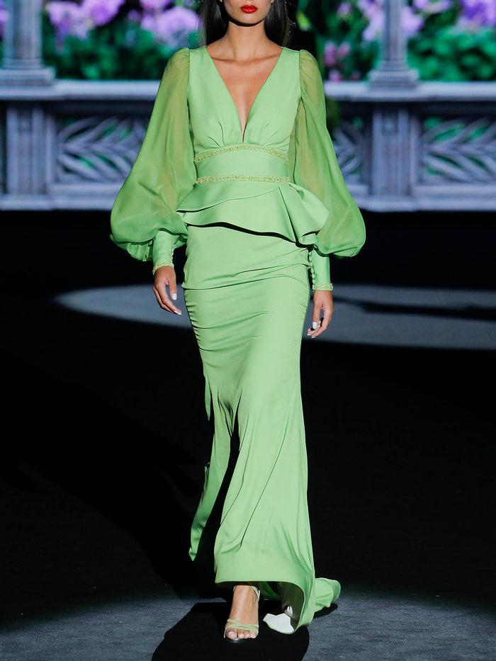 Hannibal laguna LOOK 12 GALILEI | Vestido de fiesta en satín manzana con falda sirena