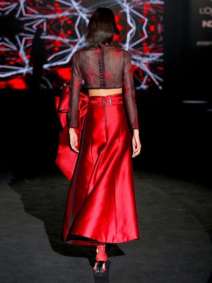 Hannibal Laguna LOOK 12 INKA Y-DRALIS | Top En Gasa Bordada Y Falda Midi En Mikado Rubi