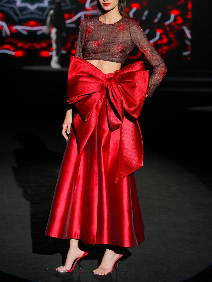 Hannibal Laguna LOOK 12 INKA Y-DRALIS | Top En Gasa Bordada Y Falda Midi En Mikado Rubi