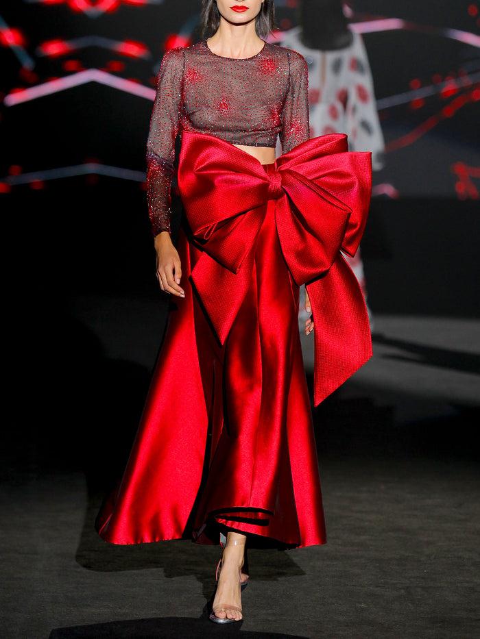 Hannibal laguna LOOK 12 INKA Y-DRALIS | Top en gasa bordada y falda midi en mikado rubi