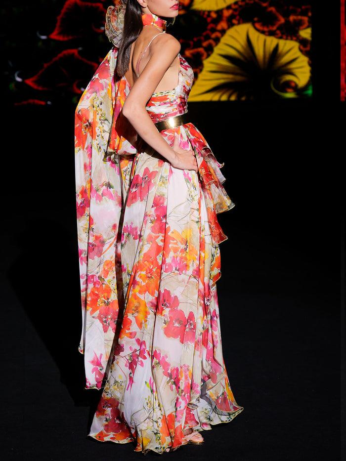 Hannibal Laguna LOOK 12 Vestido KORALINE | Vestido De Fiesta Largo En Gasa Estampada Con Motivos Florales
