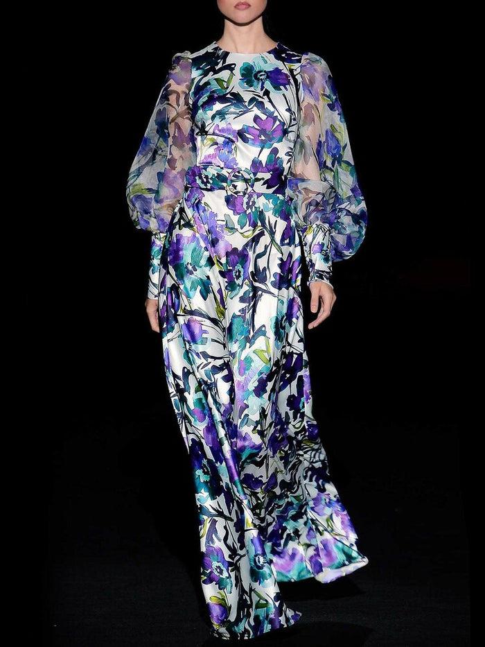 Hannibal laguna Look 14 CHAMPS | Vestido en satin estampado azaleas pato