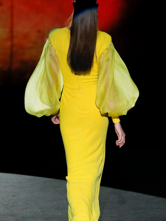 Hannibal Laguna LOOK 15 FLUOR | Vestido De Fiesta En Crepe Amarillo Con Falda Sirena