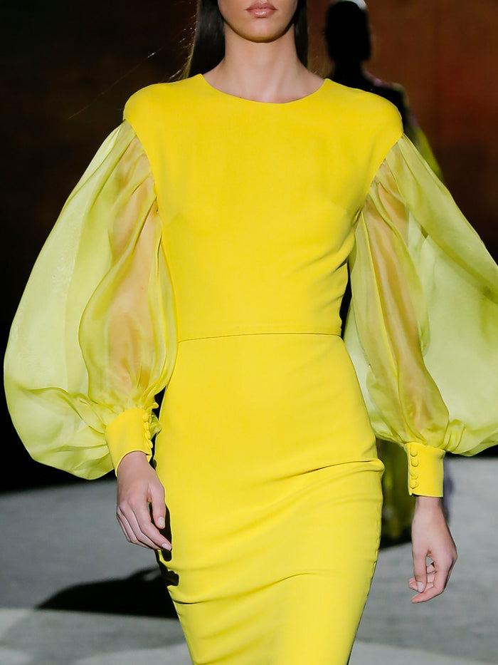 Hannibal Laguna LOOK 15 FLUOR | Vestido De Fiesta En Crepe Amarillo Con Falda Sirena