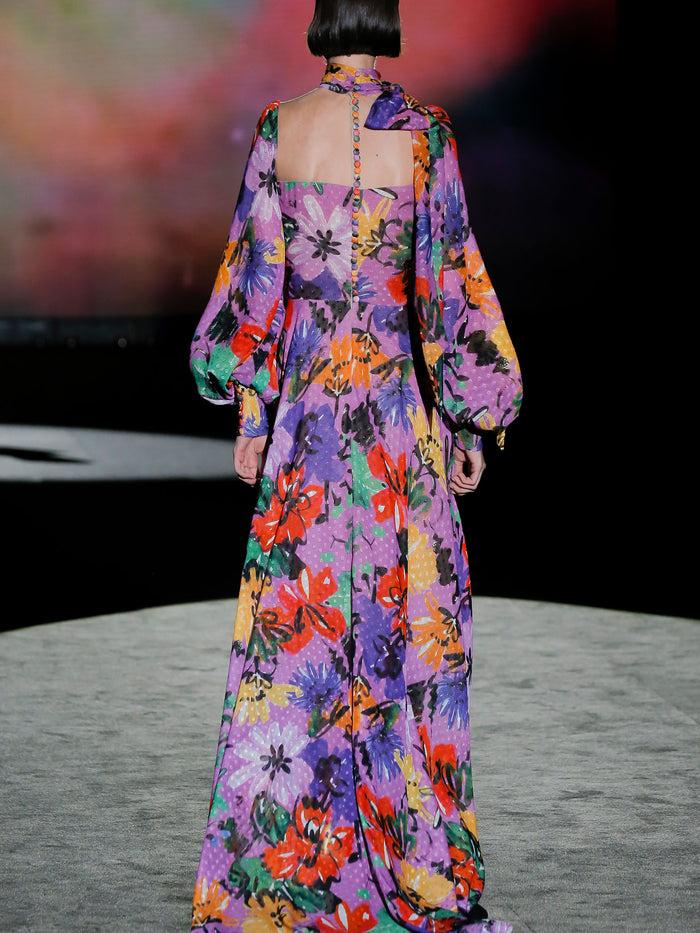 Hannibal Laguna LOOK 16 FILARDI | Vestido De Fiesta En Plumeti Estampado Multicolor Con Falda De Vuelo