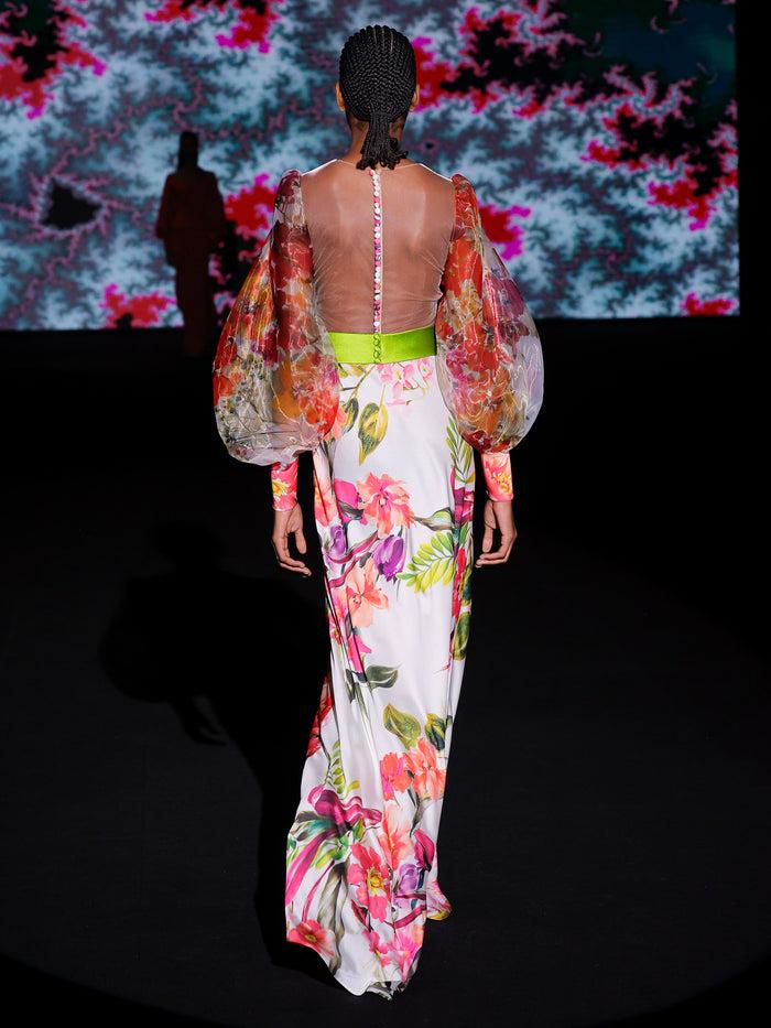 Hannibal Laguna LOOK 16 Vestido KATINA | Vestido De Fiesta En Satín Y Organza Estampadas Con Escote A Caja