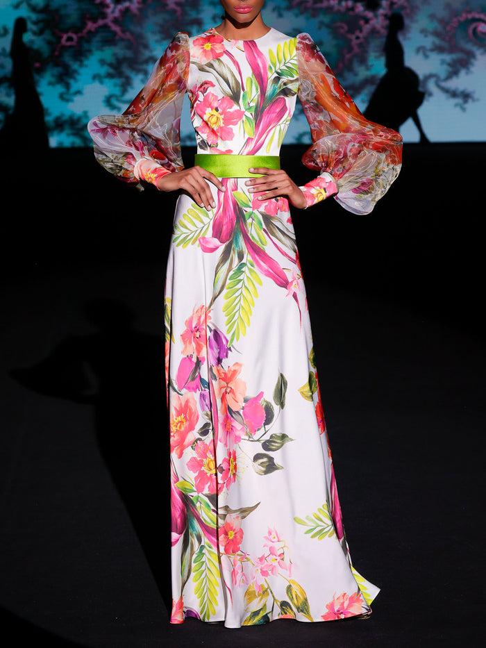 Hannibal Laguna LOOK 16 Vestido KATINA | Vestido De Fiesta En Satín Y Organza Estampadas Con Escote A Caja