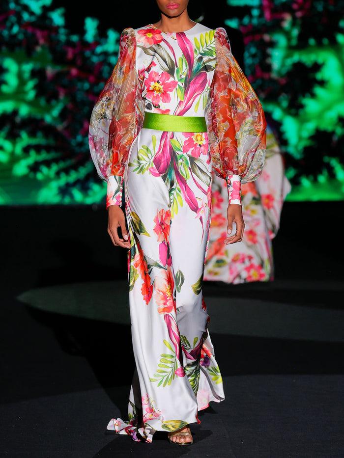 Hannibal laguna LOOK 16 Vestido KATINA | Vestido de fiesta en satín y organza estampadas con escote a caja