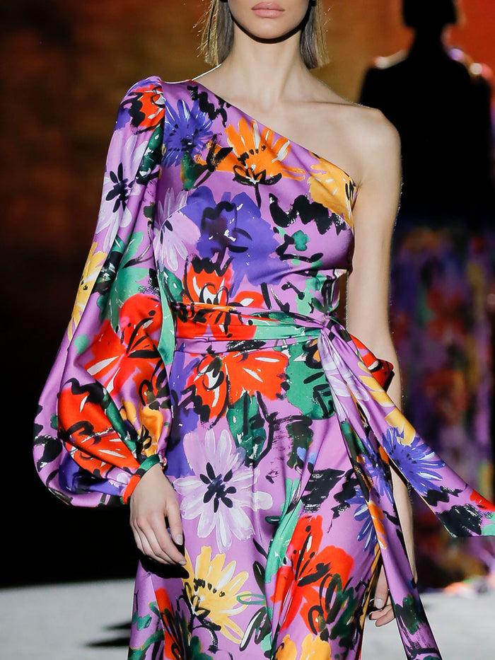 Hannibal Laguna LOOK 17 FRAGOLA | Vestido De Fiesta En Satín Estampado Floral Con Falda Evasé