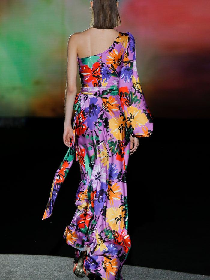 Hannibal Laguna LOOK 17 FRAGOLA | Vestido De Fiesta En Satín Estampado Floral Con Falda Evasé