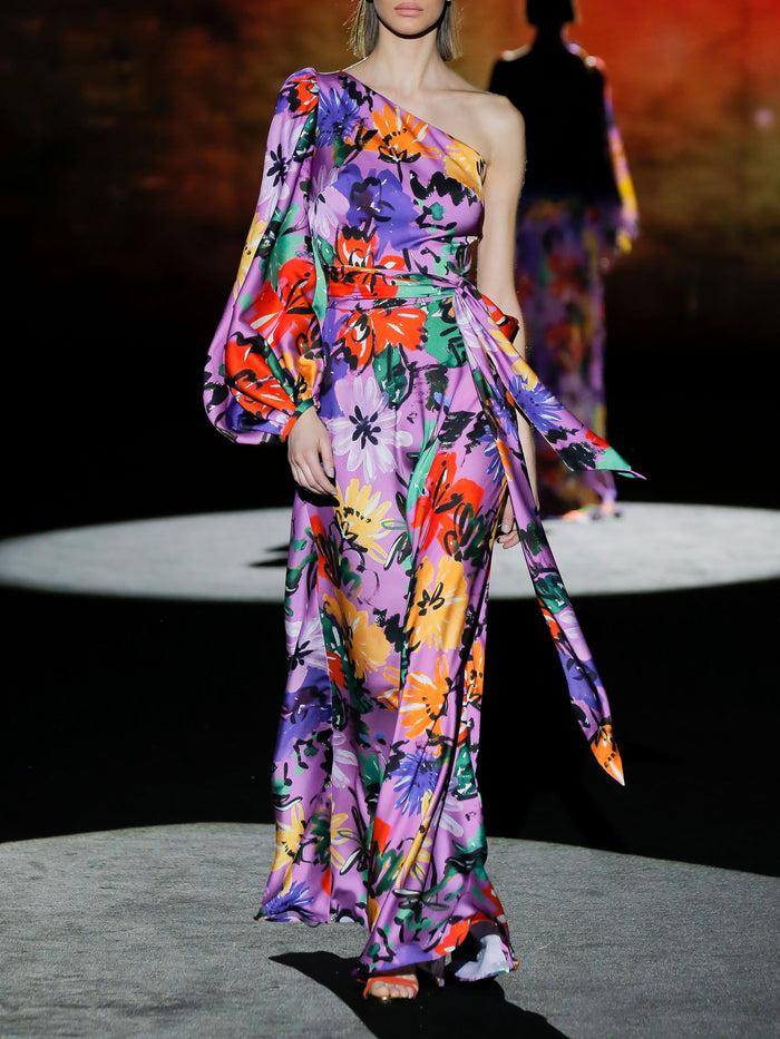 Hannibal laguna LOOK 17 FRAGOLA | Vestido de fiesta en satín estampado floral con falda evasé