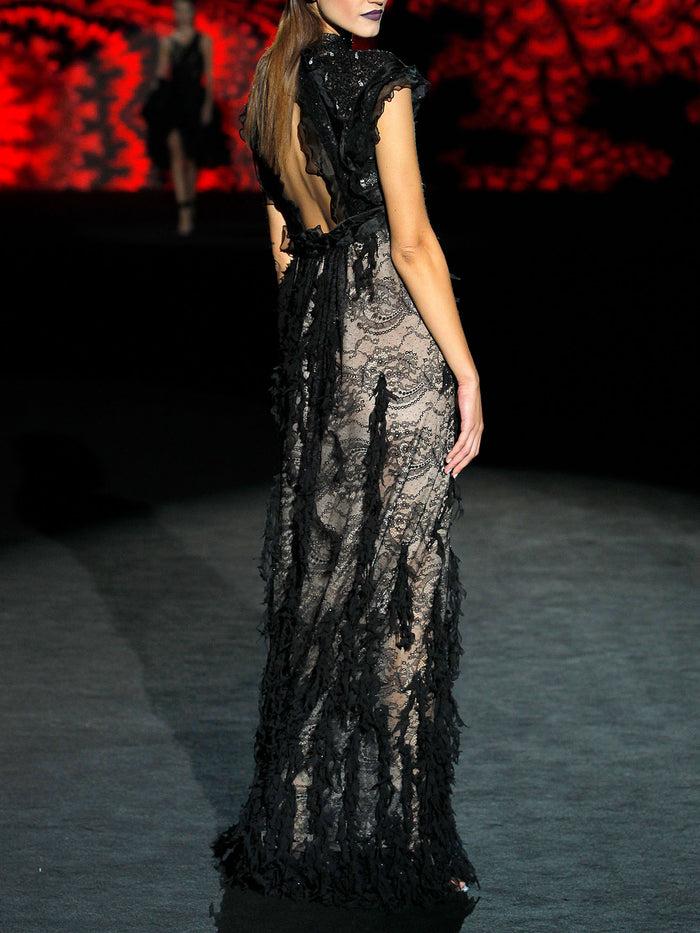 Hannibal Laguna LOOK 17 HIROSAKI | Vestido En Chantilly Negro Con Malla Bordada