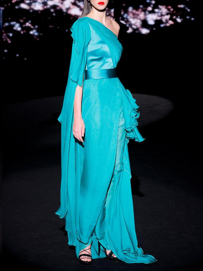 Hannibal Laguna LOOK 17 Vestido JANAIS | Vestido Asimétrico De Fiesta Realizado En Gasa Verde