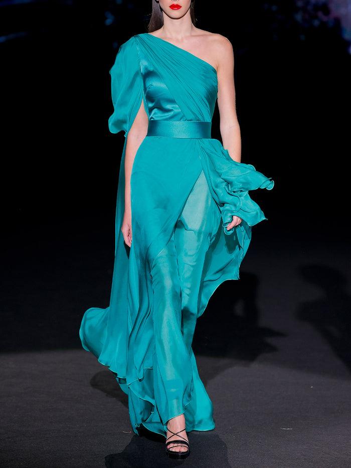 Hannibal laguna LOOK 17 Vestido JANAIS | Vestido asimétrico de fiesta realizado en gasa verde