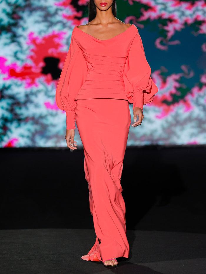Hannibal laguna LOOK 17 Vestido KENDRA | Vestido en crepe pomelo con escote amplio y caparazón drapeado