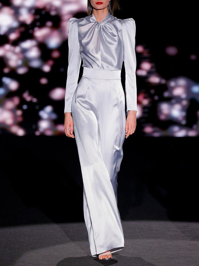 Hannibal laguna LOOK 18 Body JUCUI y Pantalón JELIO | Body de fiesta realizado en satín color gris perla. Pantalón realizado en satin color gris perla