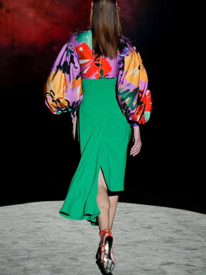 Hannibal Laguna LOOK 18 FRIDA Y FOREST | Body Satín Estampado Floral. Falda En Crepe Verde