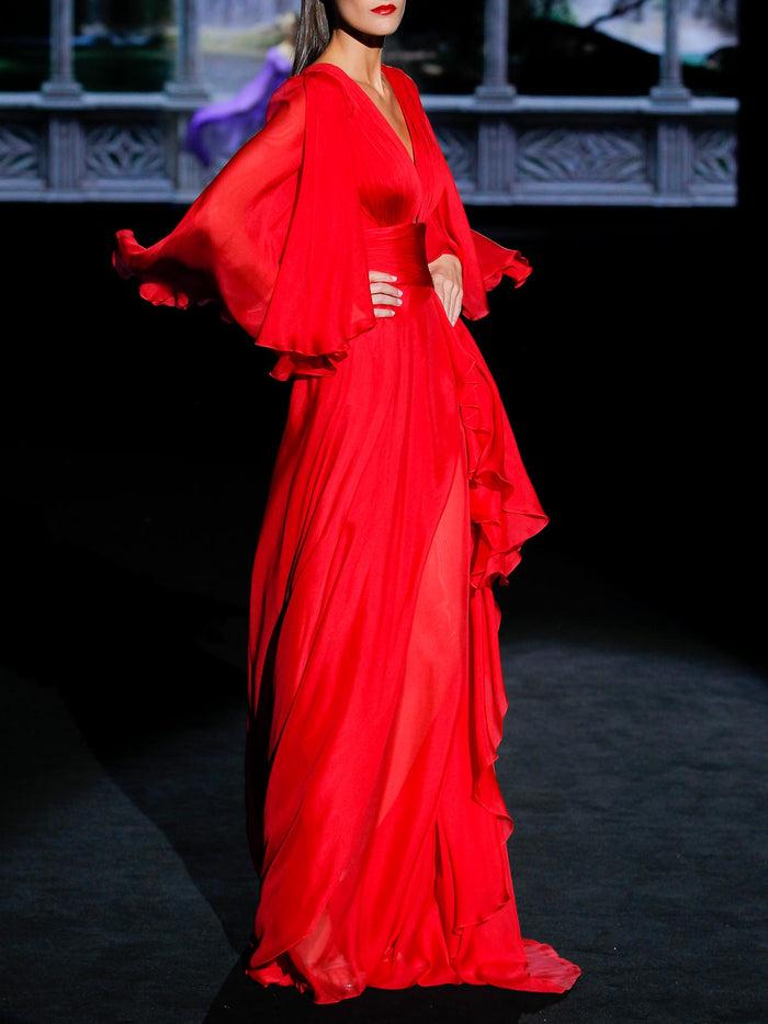 Hannibal Laguna LOOK 18 GLASE | Vestido De Noche En Gasa Color Geranio