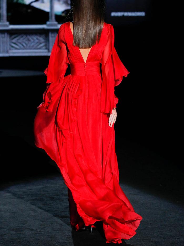 Hannibal Laguna LOOK 18 GLASE | Vestido De Noche En Gasa Color Geranio