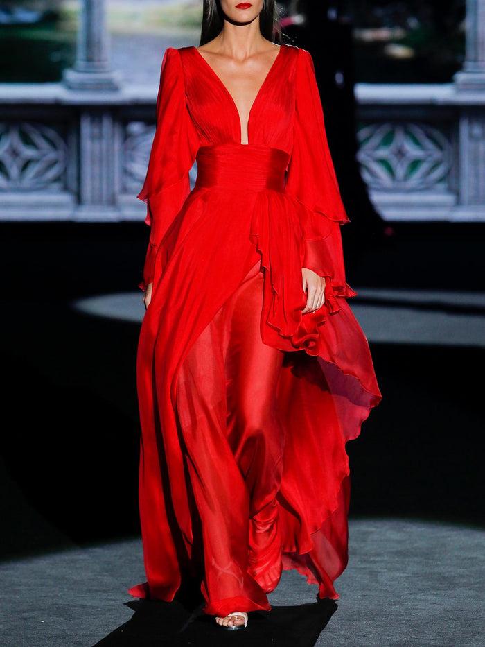 Hannibal laguna LOOK 18 GLASE | Vestido de noche en gasa color geranio