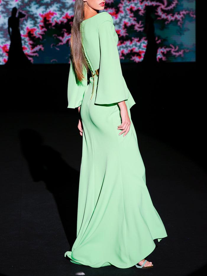 Hannibal Laguna LOOK 18 Vestido KATERINI | Vestido De Fiesta En Crepe Helecho Con Amplio Escote Cruzado Con Falda Asimétrica Abierta