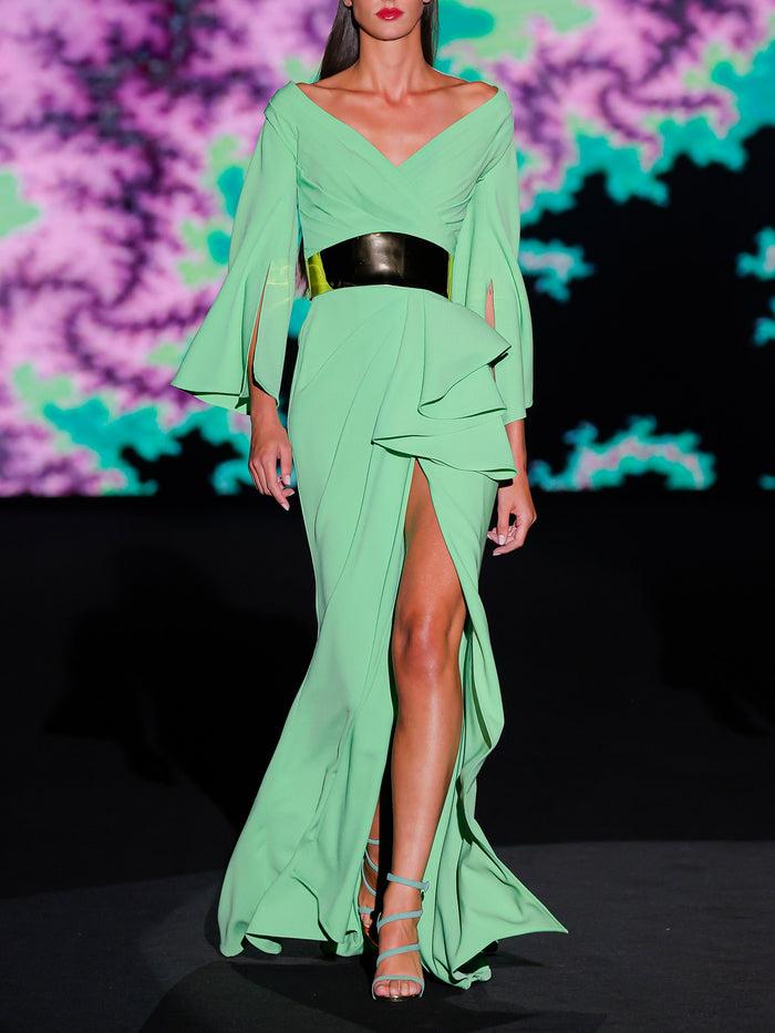 Hannibal laguna LOOK 18 Vestido KATERINI | Vestido de fiesta en crepe helecho con amplio escote cruzado con falda asimétrica abierta