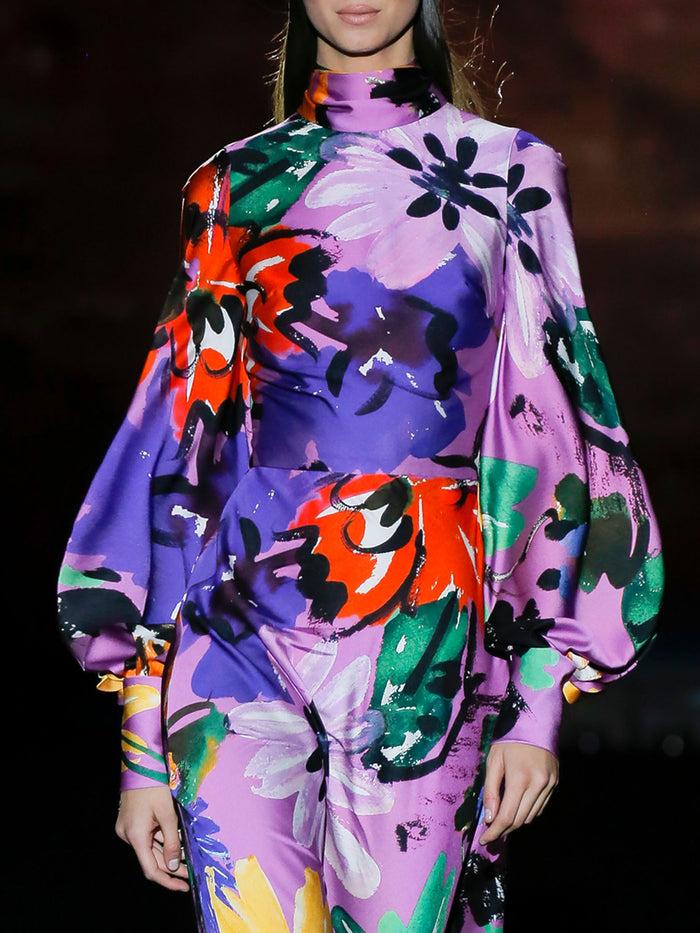 Hannibal Laguna LOOK 19 FIORELINO | Vestido De Fiesta En Satín Estampado Floral Con Falda Evasé