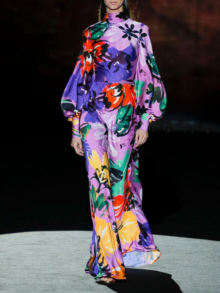 Hannibal laguna LOOK 19 FIORELINO | Vestido de fiesta en satín estampado floral con falda evasé