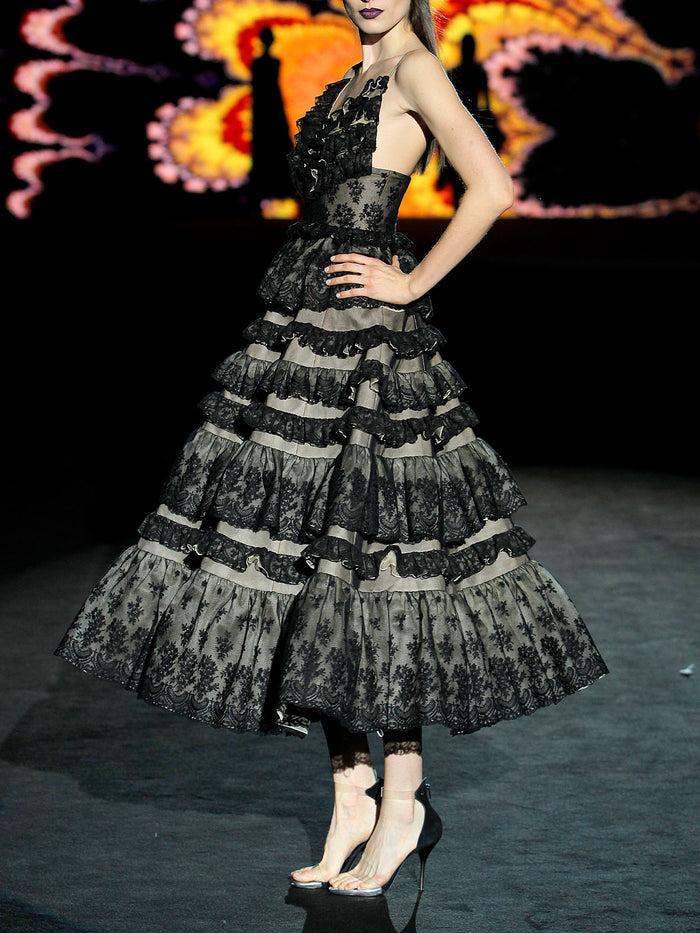 Hannibal Laguna LOOK 19 HEVERLIS | Vestido Volantes En Chantilly Negro