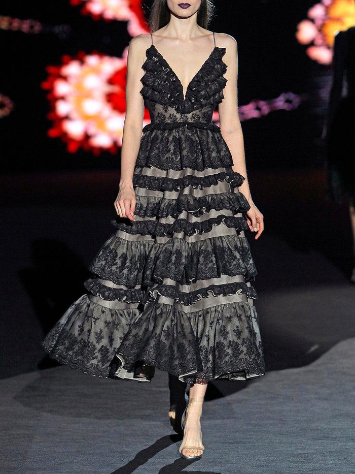 Hannibal laguna LOOK 19 HEVERLIS | Vestido volantes en chantilly negro