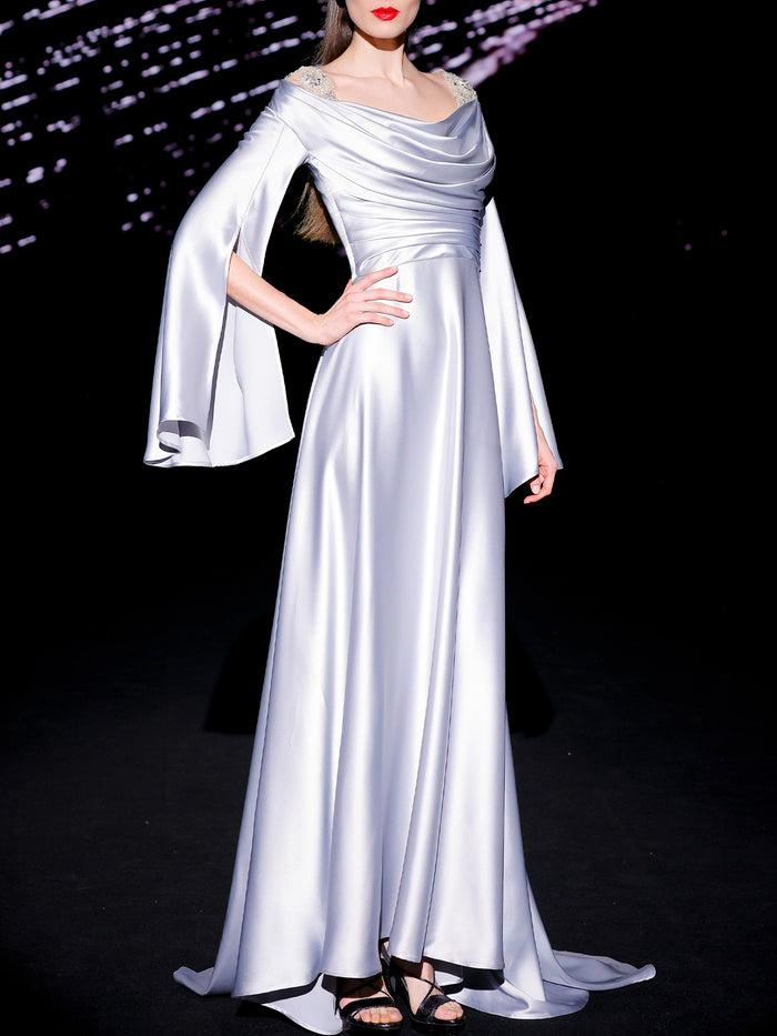 Hannibal Laguna LOOK 19 Vestido JILBORO | Vestido De Fiesta Realizado En Satin Color Gris Perla Con Bordados De Swarovski