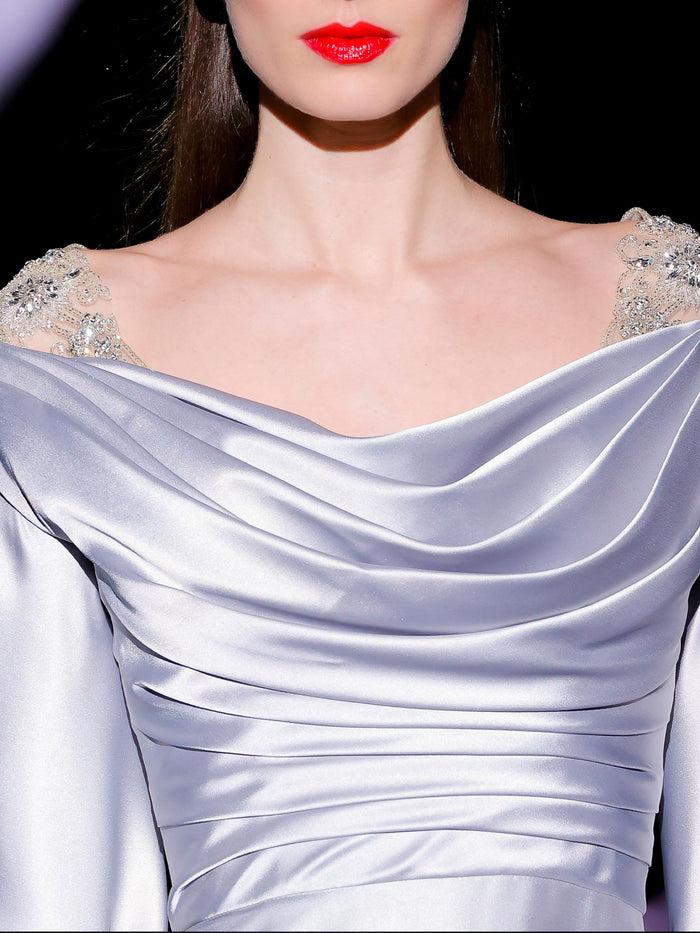 Hannibal Laguna LOOK 19 Vestido JILBORO | Vestido De Fiesta Realizado En Satin Color Gris Perla Con Bordados De Swarovski