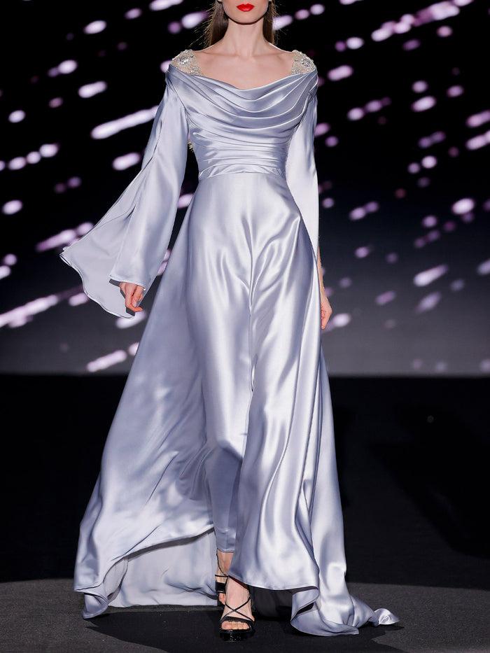 Hannibal laguna LOOK 19 Vestido JILBORO | Vestido de fiesta realizado en satin color gris perla con bordados de swarovski