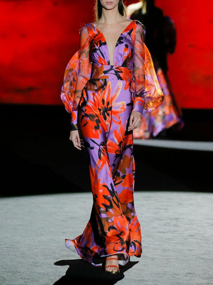 Hannibal laguna LOOK 2 FLORINELI | Vestido largo de fiesta en satín estampado