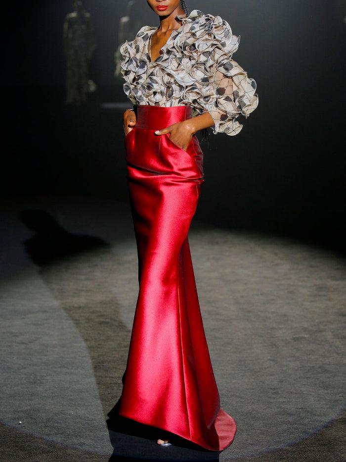 Hannibal Laguna LOOK 2 IZAR - IBATINA | Blusa De Volantes En Gasa Estampada Y Falda Sirena