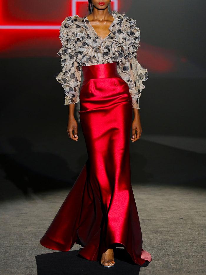 Hannibal laguna LOOK 2 IZAR - IBATINA | Blusa de volantes en gasa estampada y falda sirena