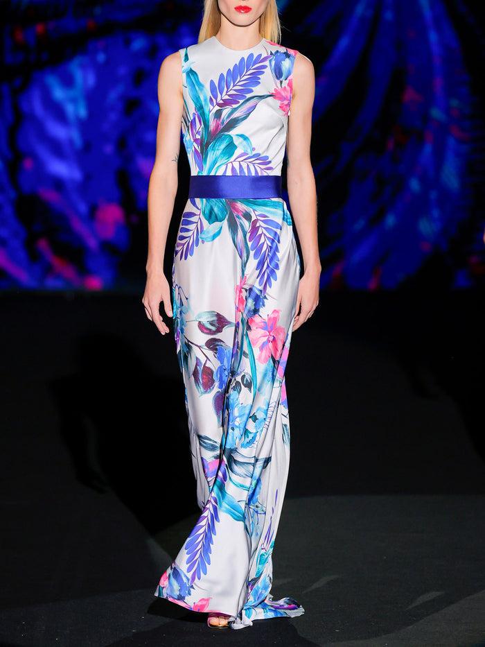 Hannibal Laguna LOOK 2 Vestido KALADESI | Vestido De Fiesta En Satín Estampado Con Escote A Caja Y Falda Larga Fluida