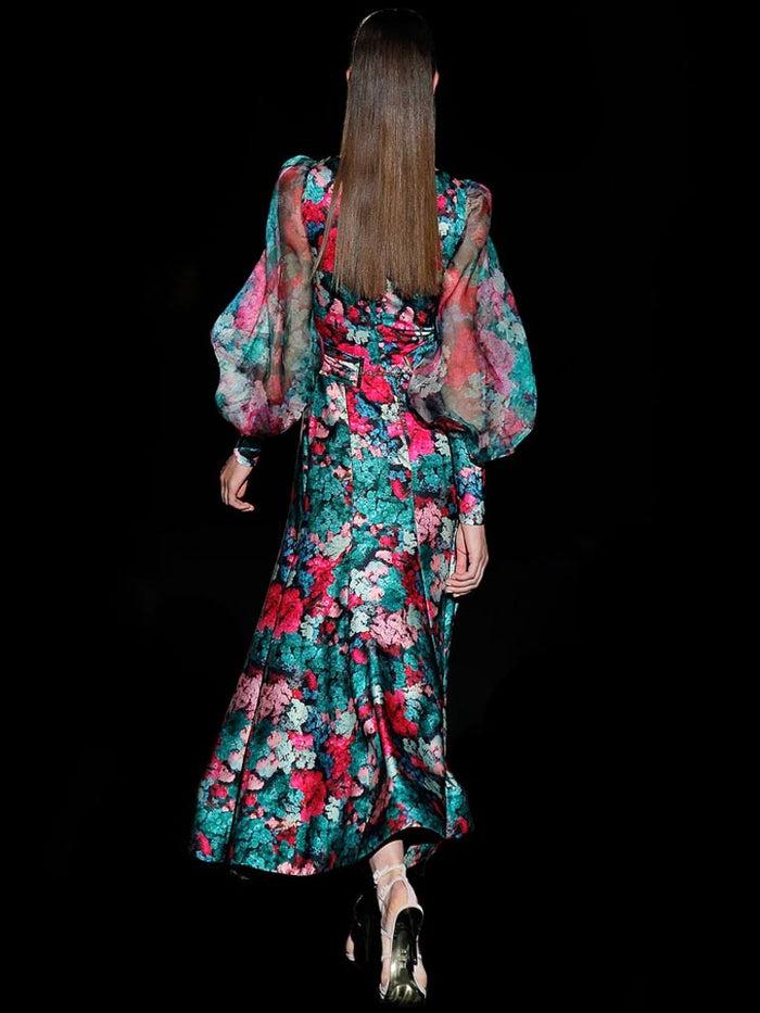 Hannibal Laguna Look 20 DUNIA | Vestido Satín Estampado Con Cuerpo Cruzado