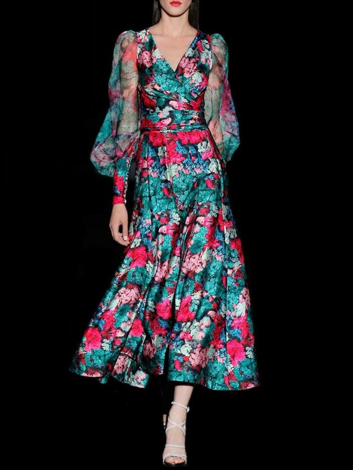 Hannibal laguna Look 20 DUNIA | Vestido satín estampado con cuerpo cruzado